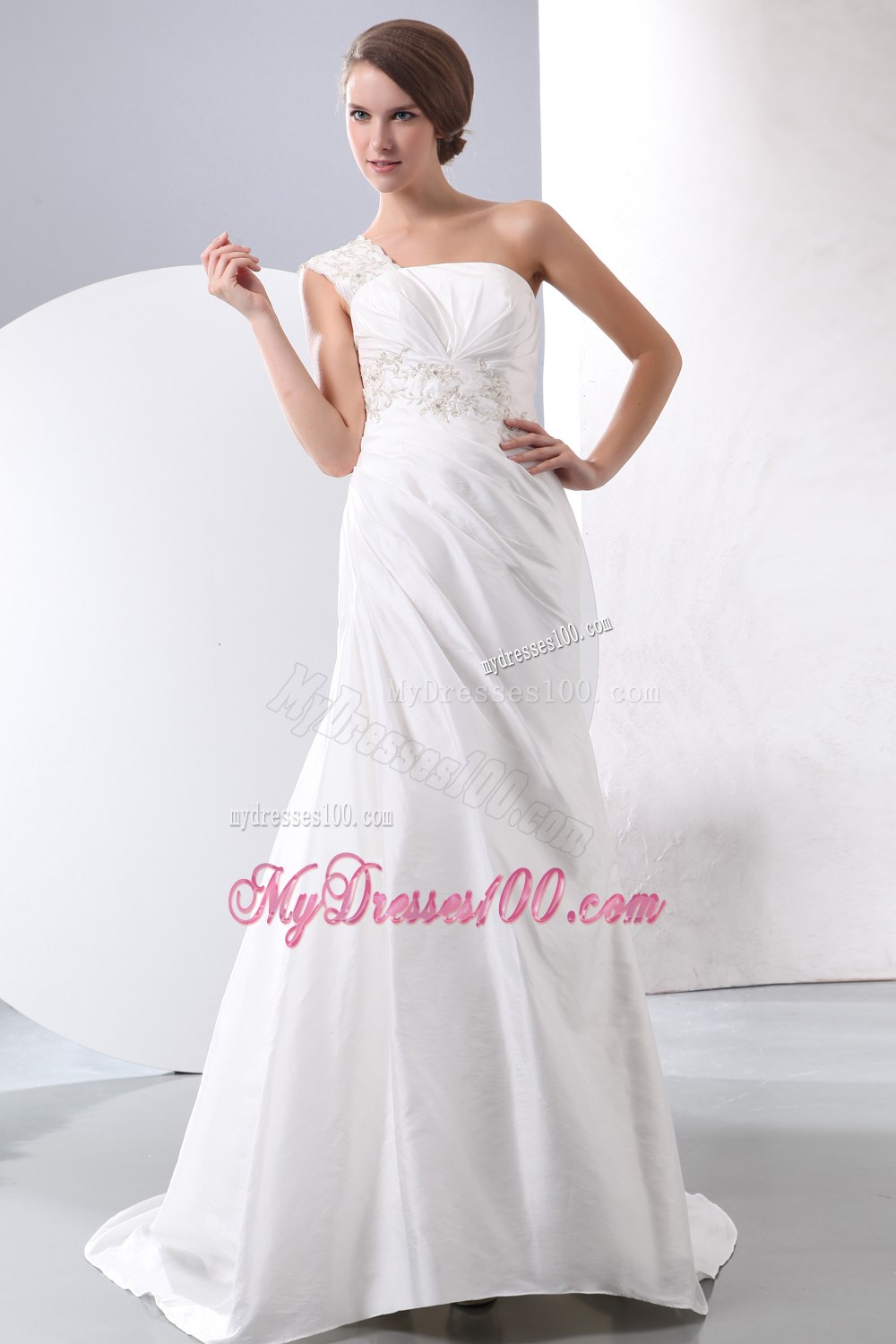 Elegant Column One Shoulder Court Train Embroidery Wedding Dress