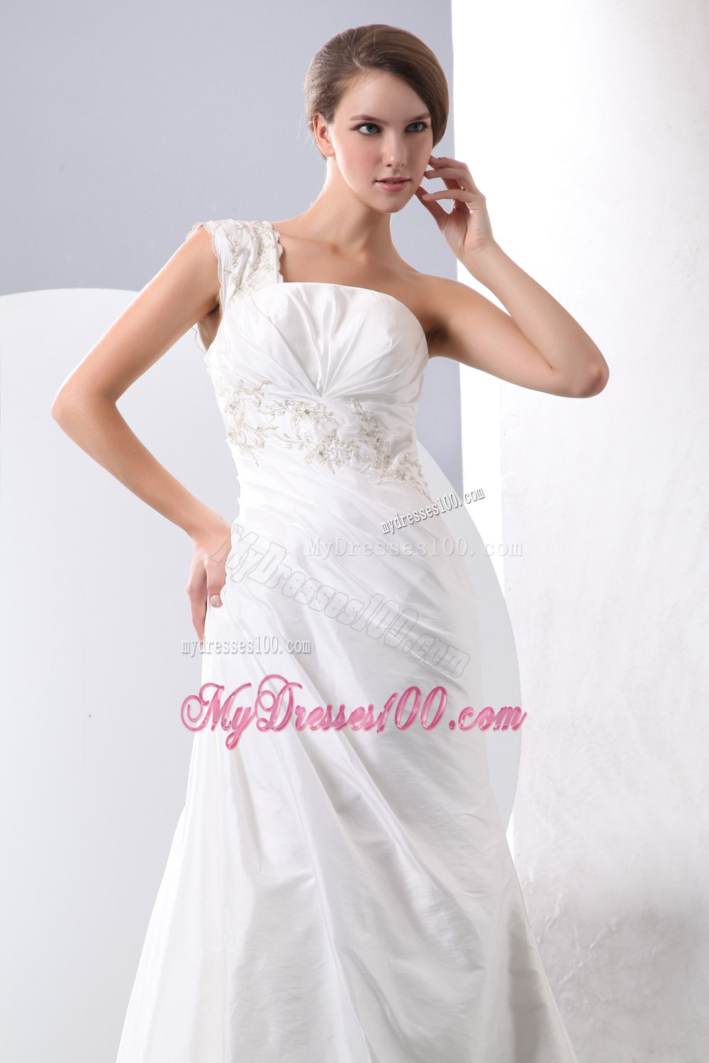 Elegant Column One Shoulder Court Train Embroidery Wedding Dress