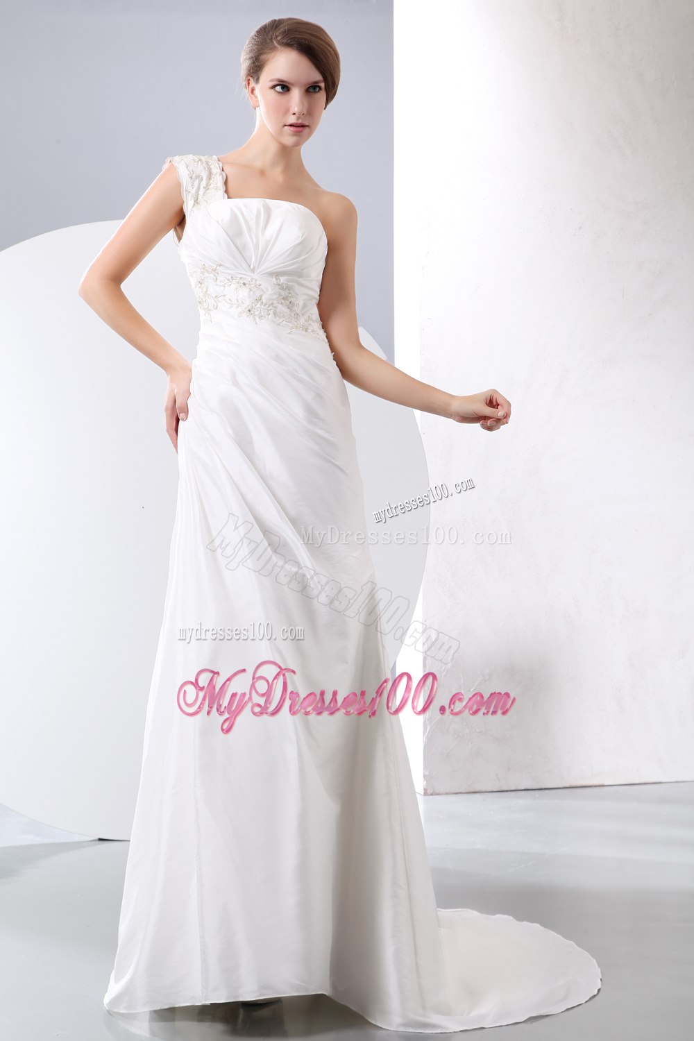 Elegant Column One Shoulder Court Train Embroidery Wedding Dress