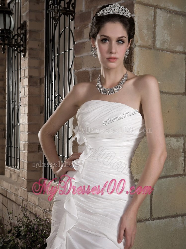 Elegant Summer Column Strapless Brush Train Ruching Wedding Dresses