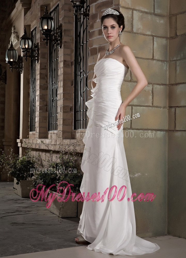 Elegant Summer Column Strapless Brush Train Ruching Wedding Dresses