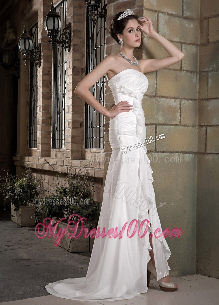 Elegant Summer Column Strapless Brush Train Ruching Wedding Dresses