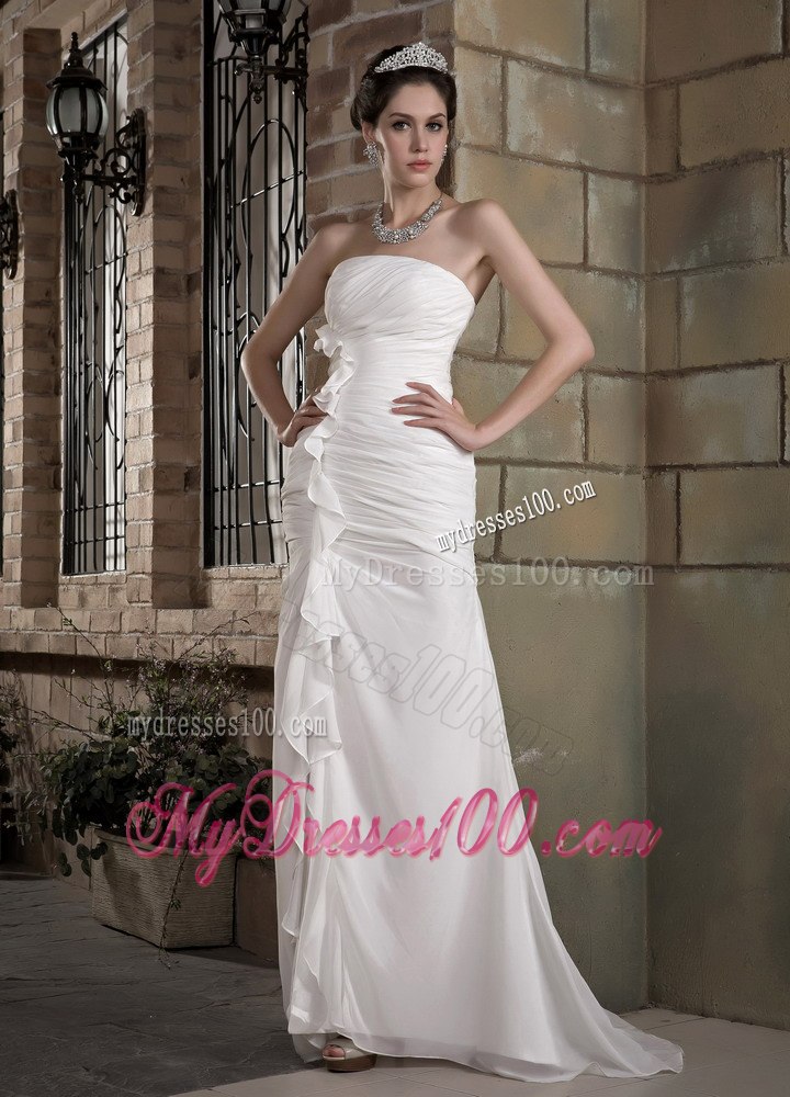 Elegant Summer Column Strapless Brush Train Ruching Wedding Dresses