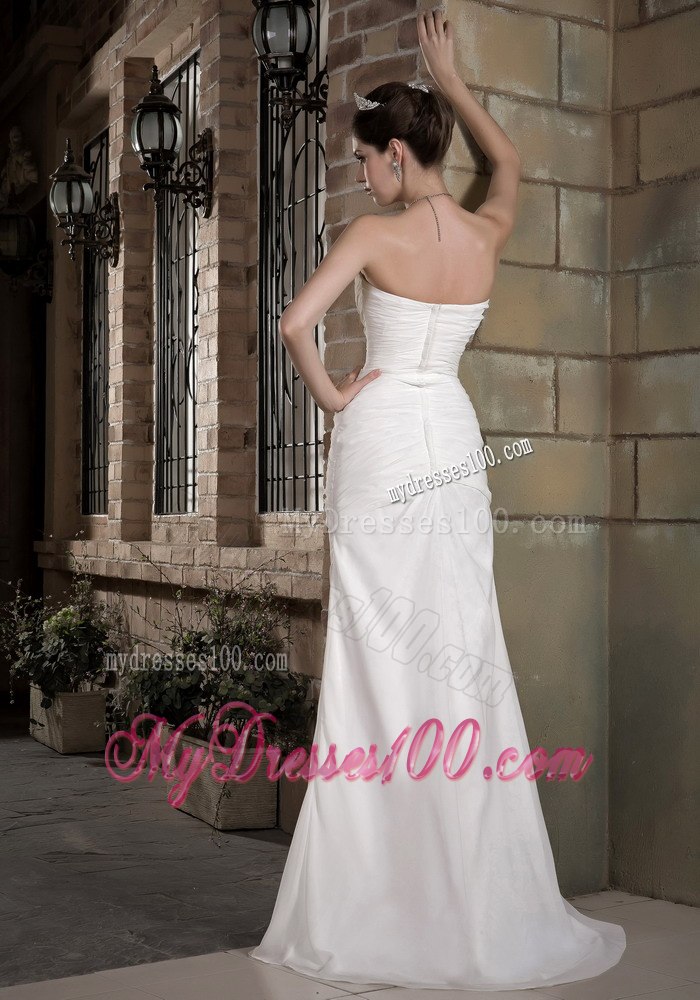 Elegant Summer Column Strapless Brush Train Ruching Wedding Dresses