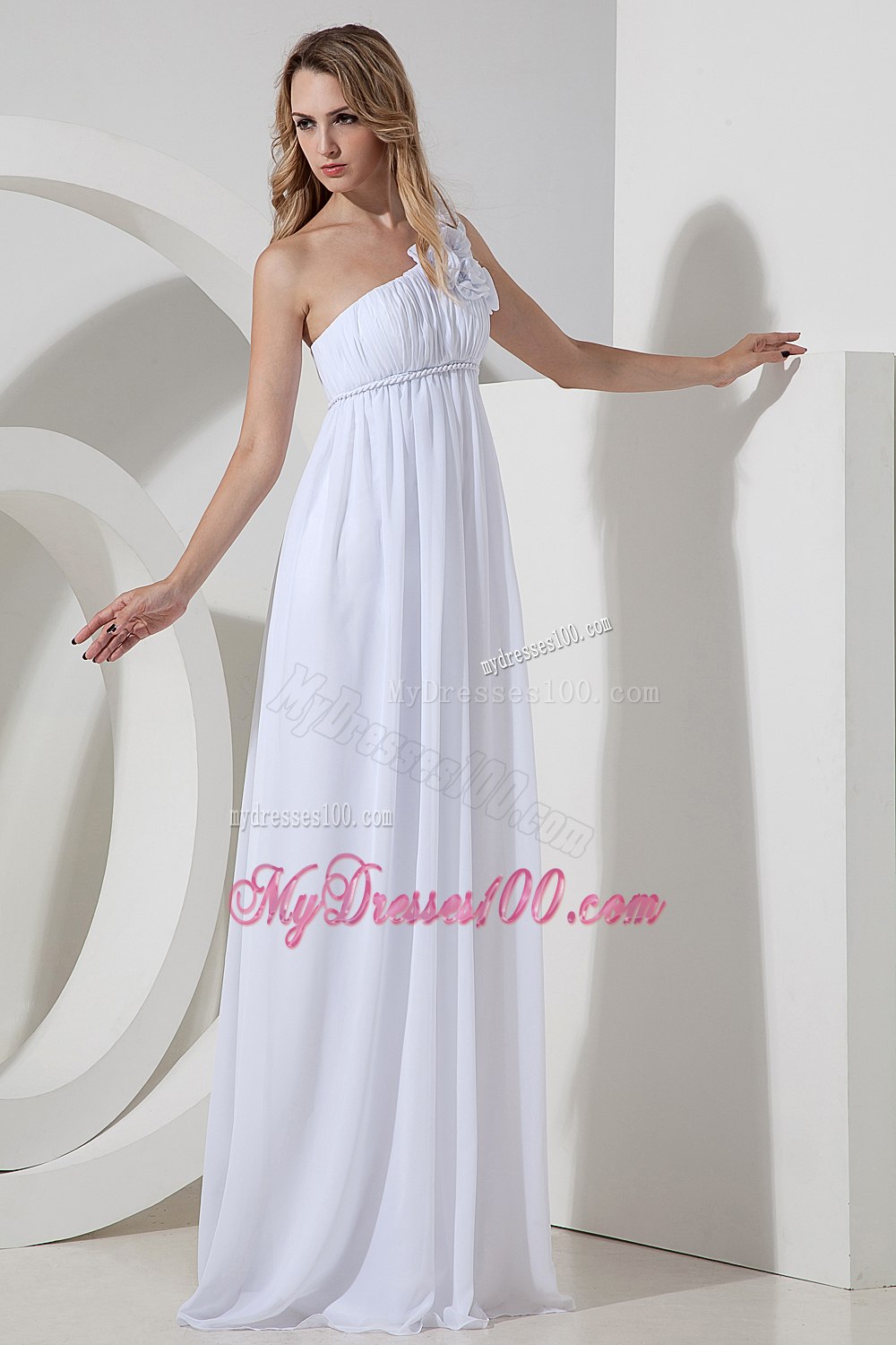 Empire One Shoulder Floor-length Hand Made Flower Wedding Dresses