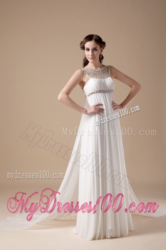 Elegant Empire Scoop Watteau Train Beading Wedding Dress for Beach