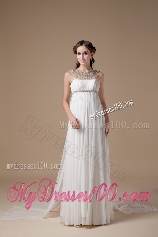Elegant Empire Scoop Watteau Train Beading Wedding Dress for Beach
