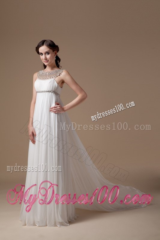 Elegant Empire Scoop Watteau Train Beading Wedding Dress for Beach