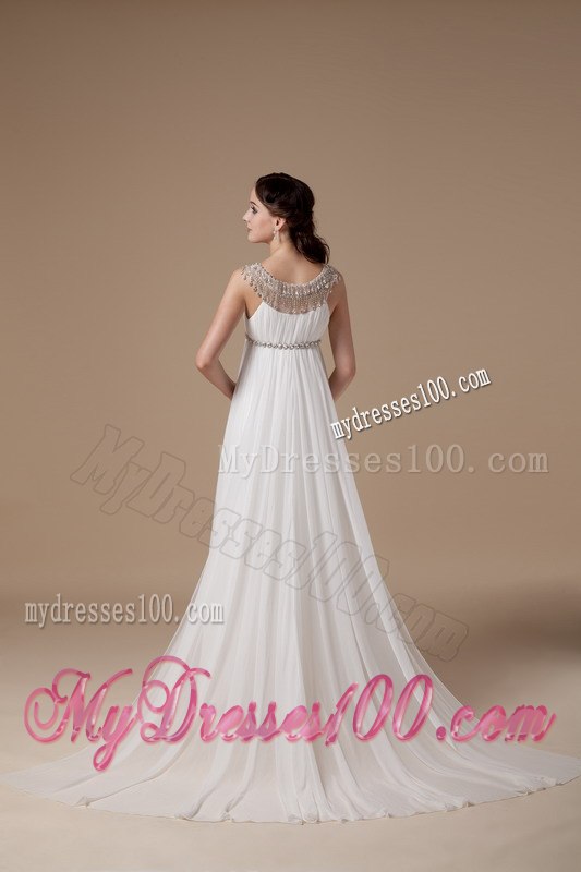 Elegant Empire Scoop Watteau Train Beading Wedding Dress for Beach