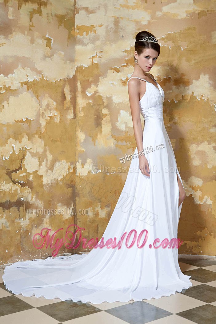 Elegant Empire Spaghetti Straps Court Train Beading Wedding Dresses
