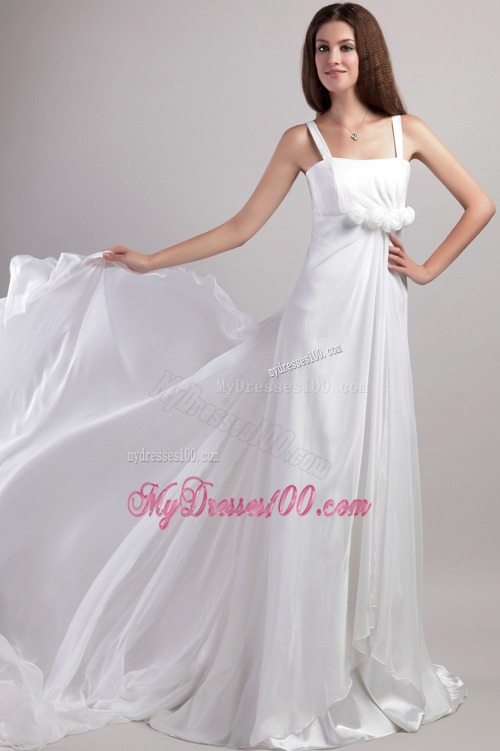Empire Straps Watteau Train Hand Made Flowers Wedding Dresses