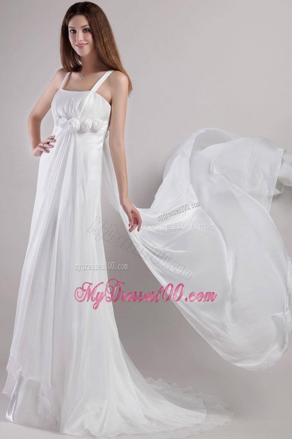 Empire Straps Watteau Train Hand Made Flowers Wedding Dresses