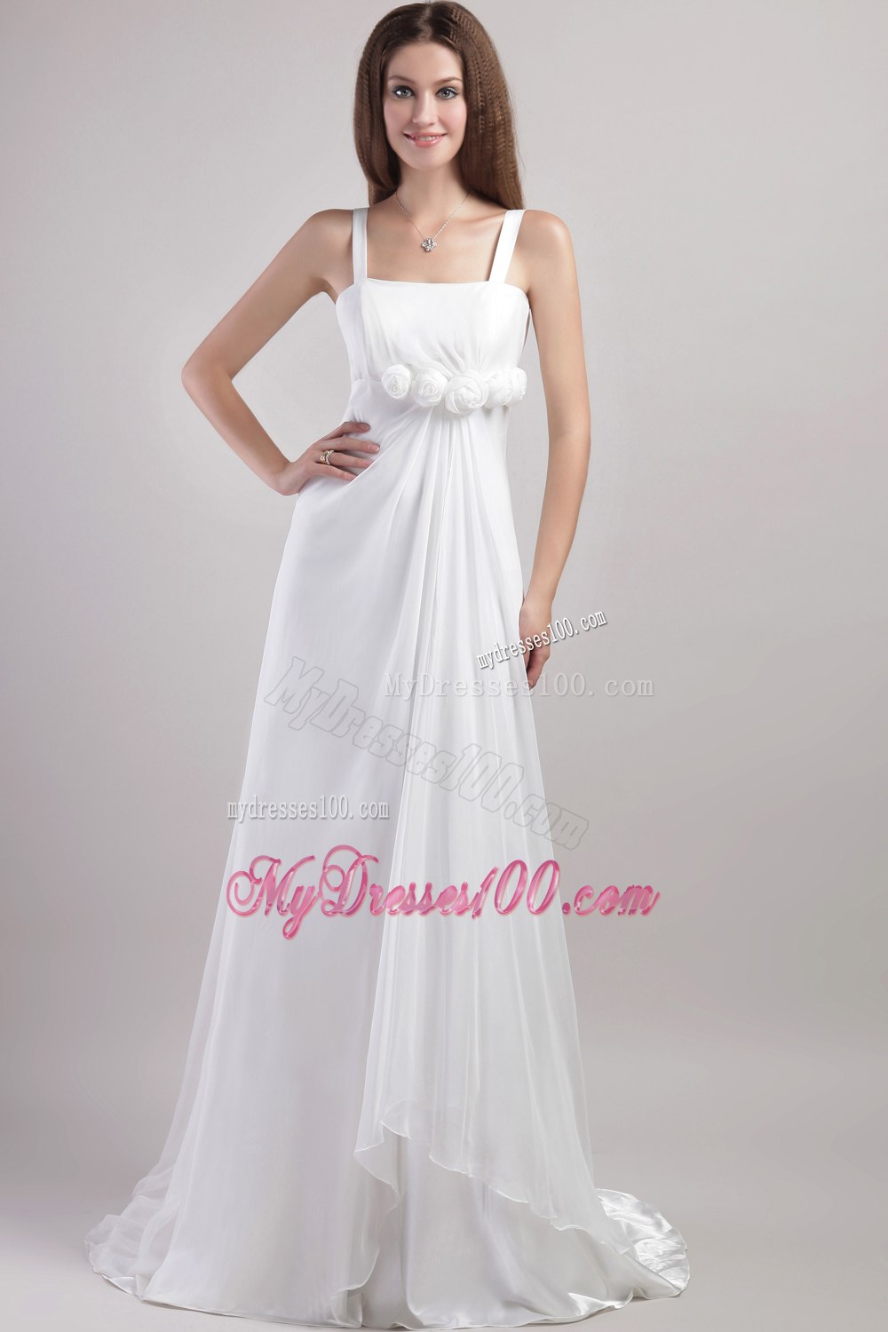 Empire Straps Watteau Train Hand Made Flowers Wedding Dresses