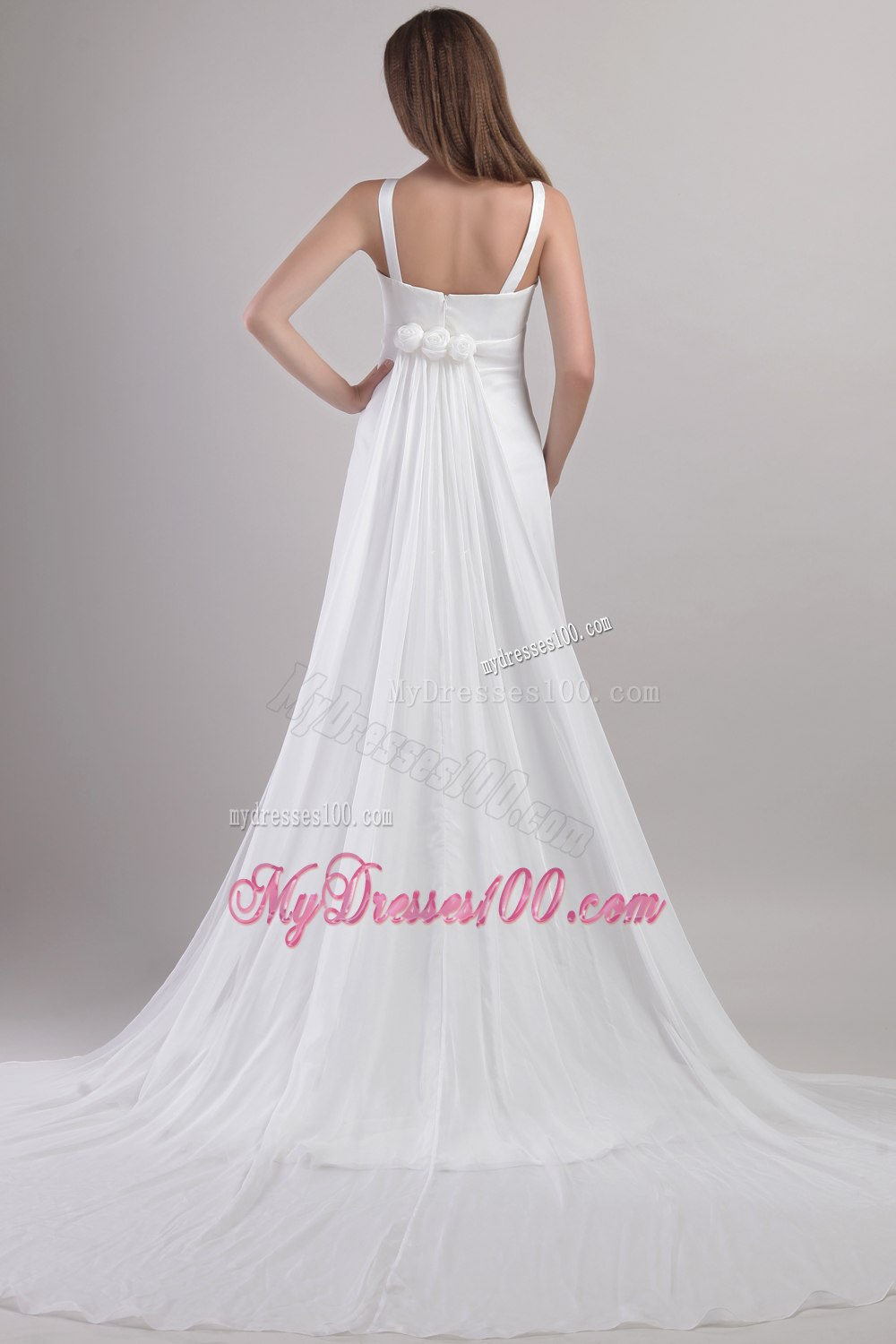 Empire Straps Watteau Train Hand Made Flowers Wedding Dresses