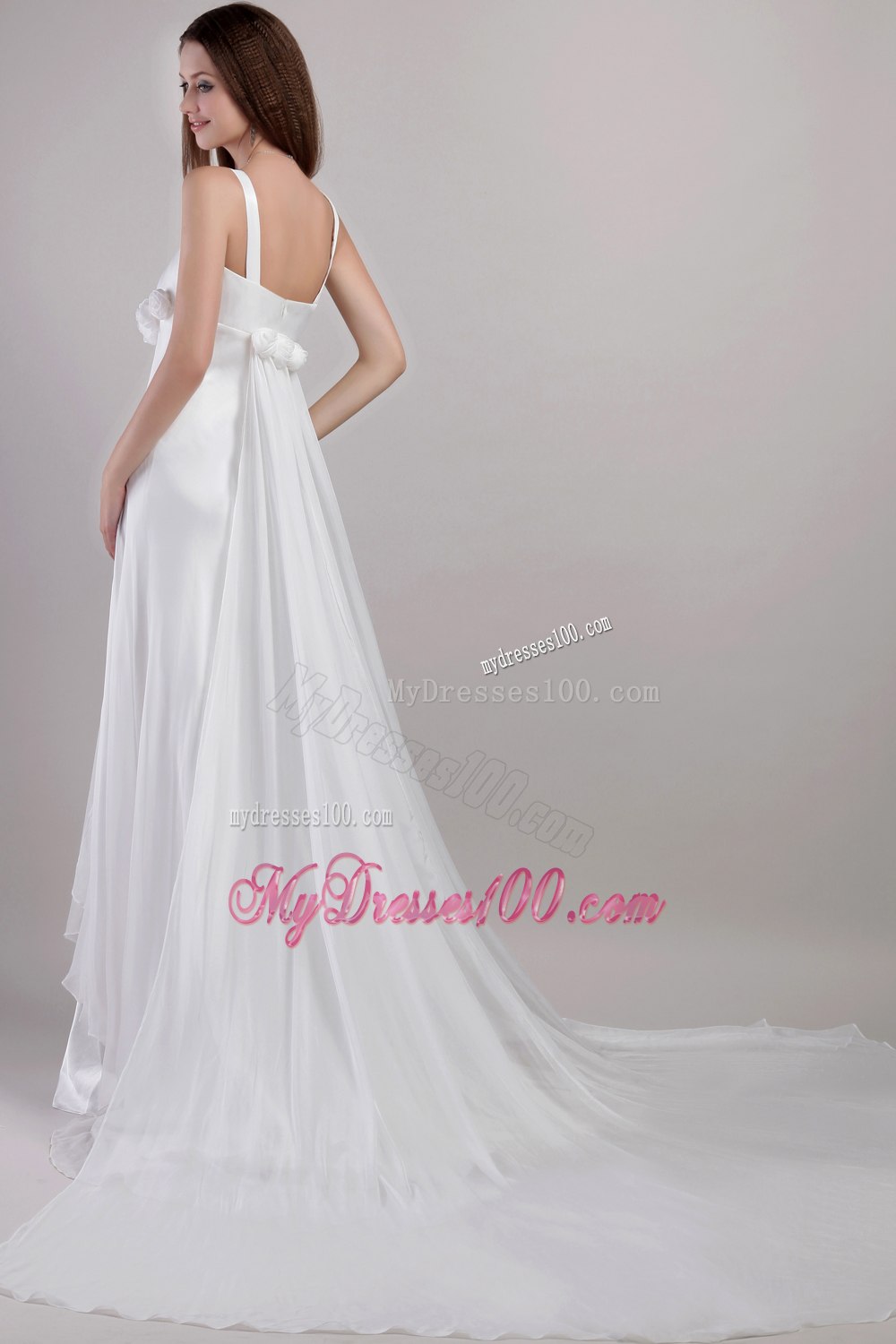 Empire Straps Watteau Train Hand Made Flowers Wedding Dresses
