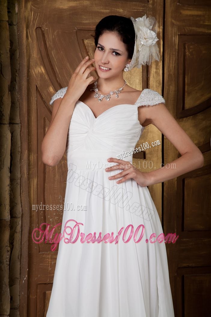 Elegant Sweetheart Brush Train Beading Cap Sleeves Wedding Dress