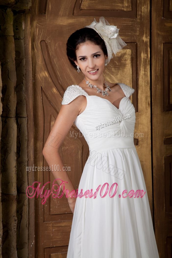 Elegant Sweetheart Brush Train Beading Cap Sleeves Wedding Dress
