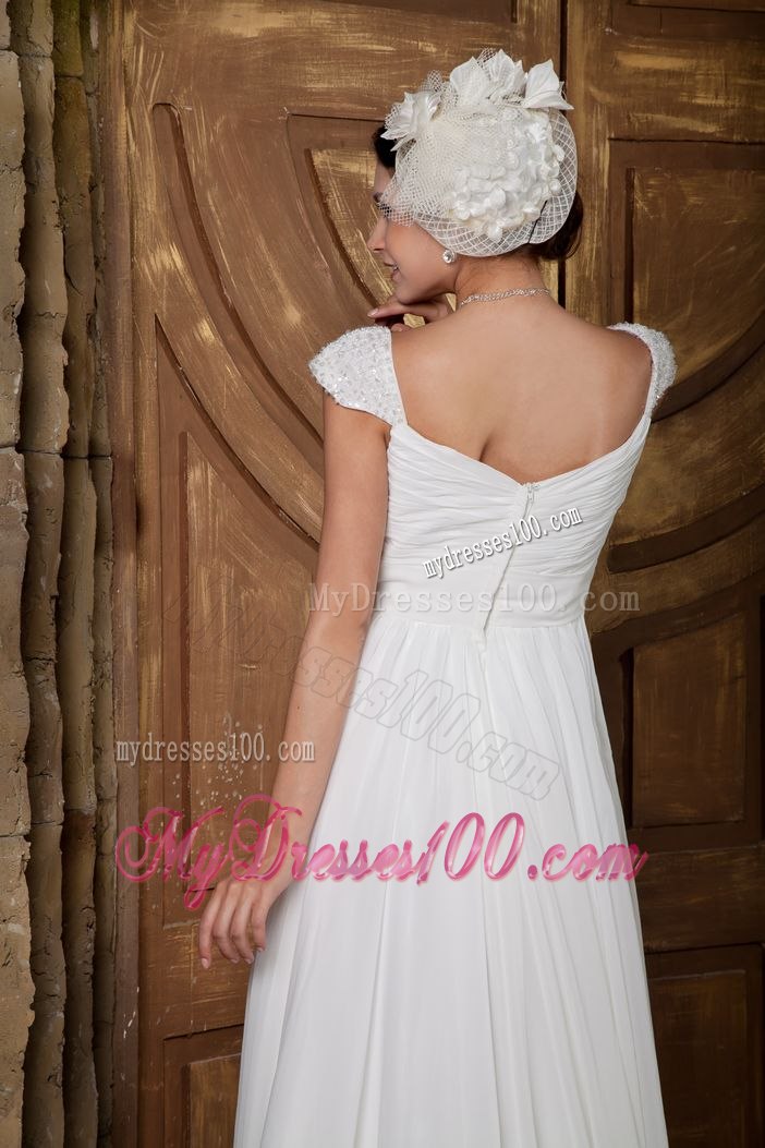 Elegant Sweetheart Brush Train Beading Cap Sleeves Wedding Dress