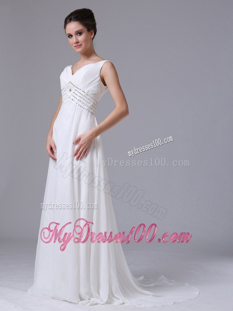 Empire Beaded Decorate Waist Wedding Dresses For 2013 V-Neck