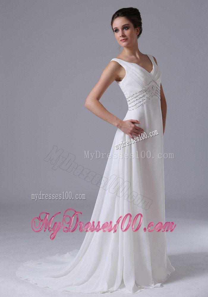 Empire Beaded Decorate Waist Wedding Dresses For 2013 V-Neck