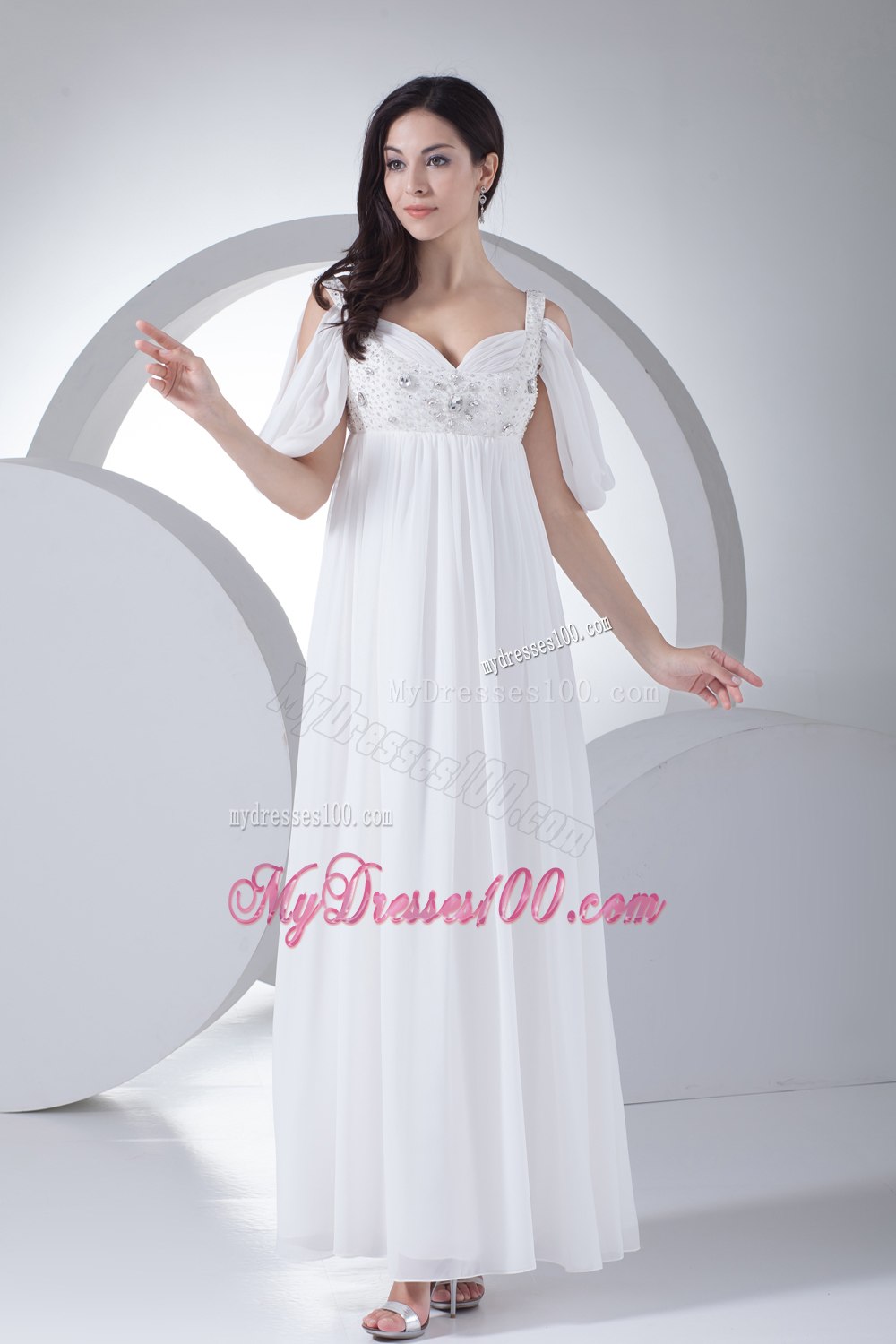 Empire Half Sleeves Straps Beading Wedding Dress