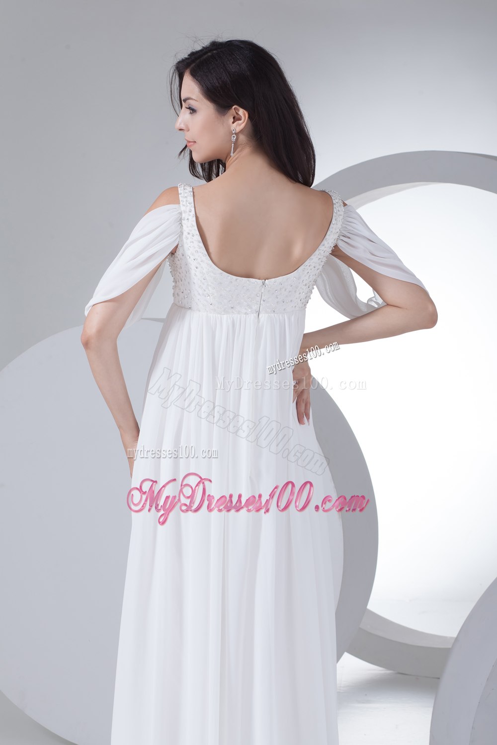 Empire Half Sleeves Straps Beading Wedding Dress