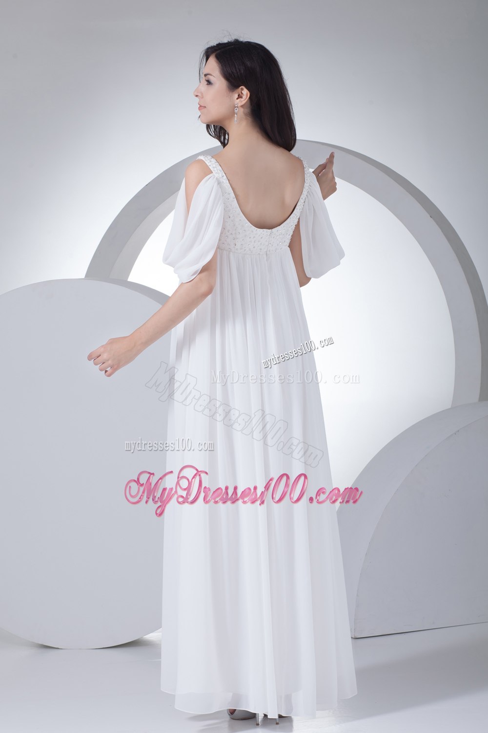 Empire Half Sleeves Straps Beading Wedding Dress