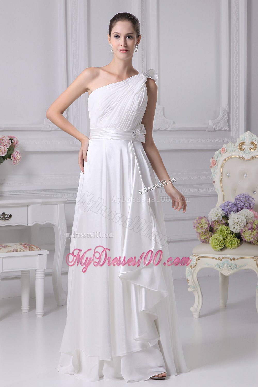 Empire One Shoulder Ruching Beading Wedding Dress