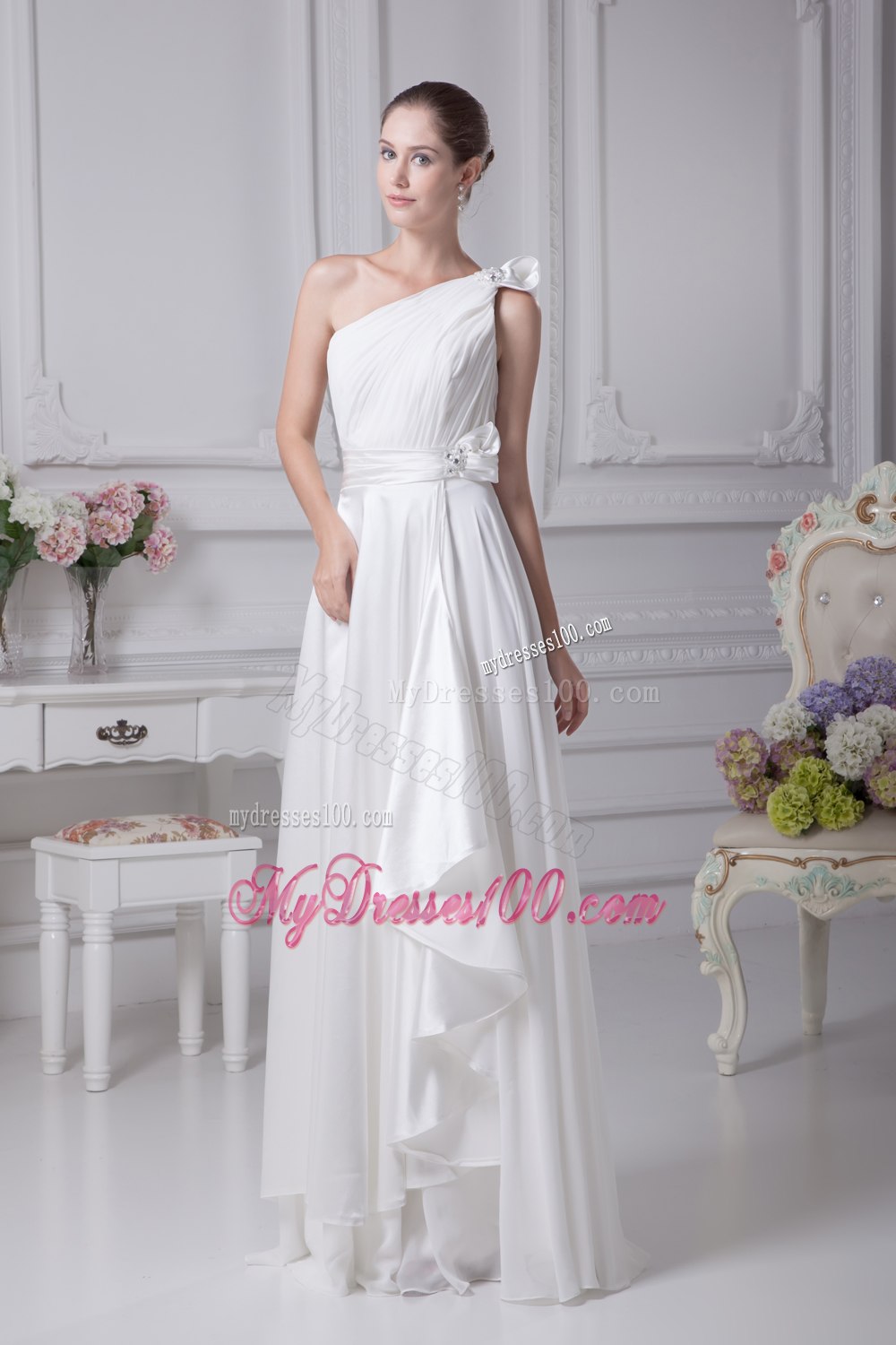 Empire One Shoulder Ruching Beading Wedding Dress