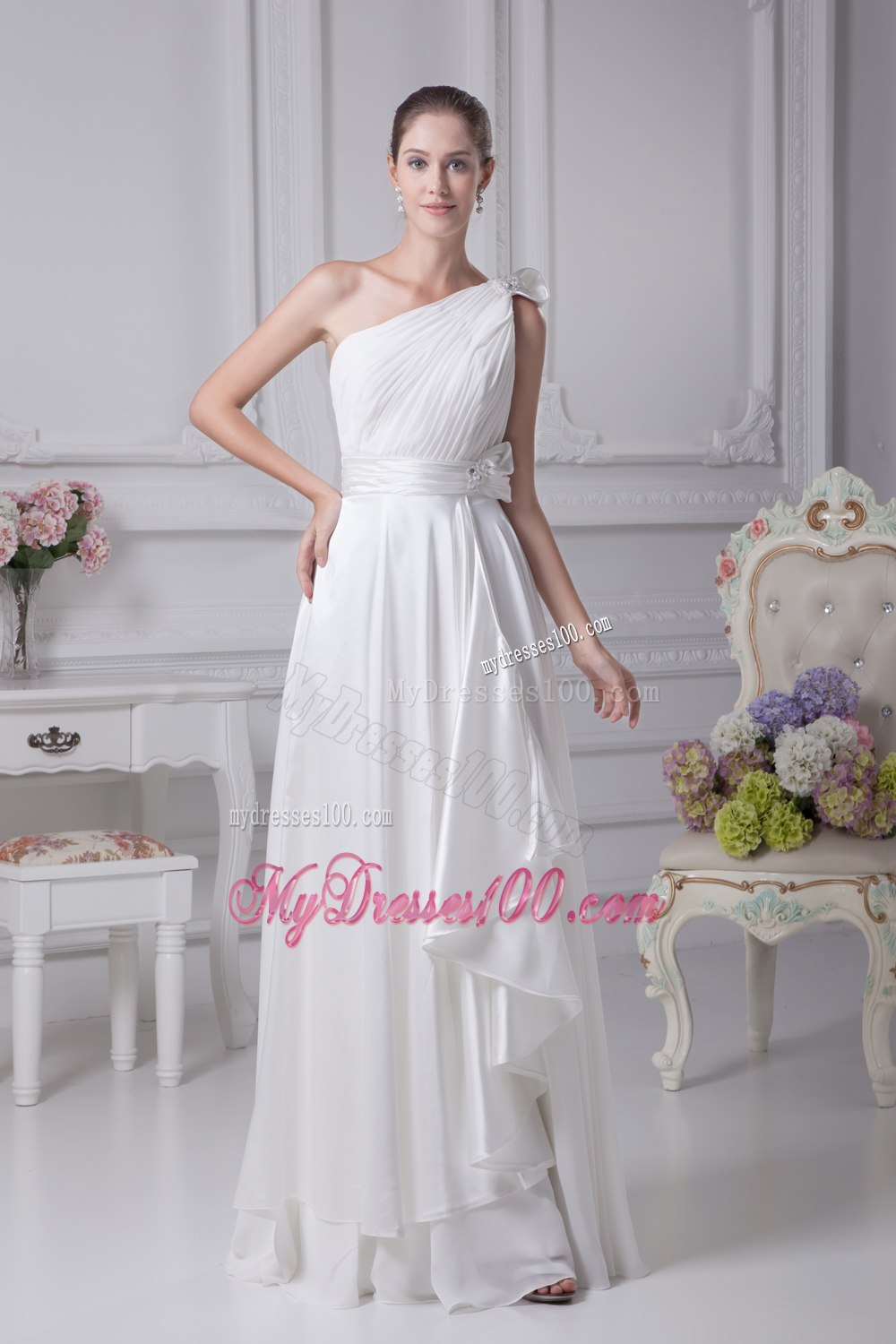 Empire One Shoulder Ruching Beading Wedding Dress