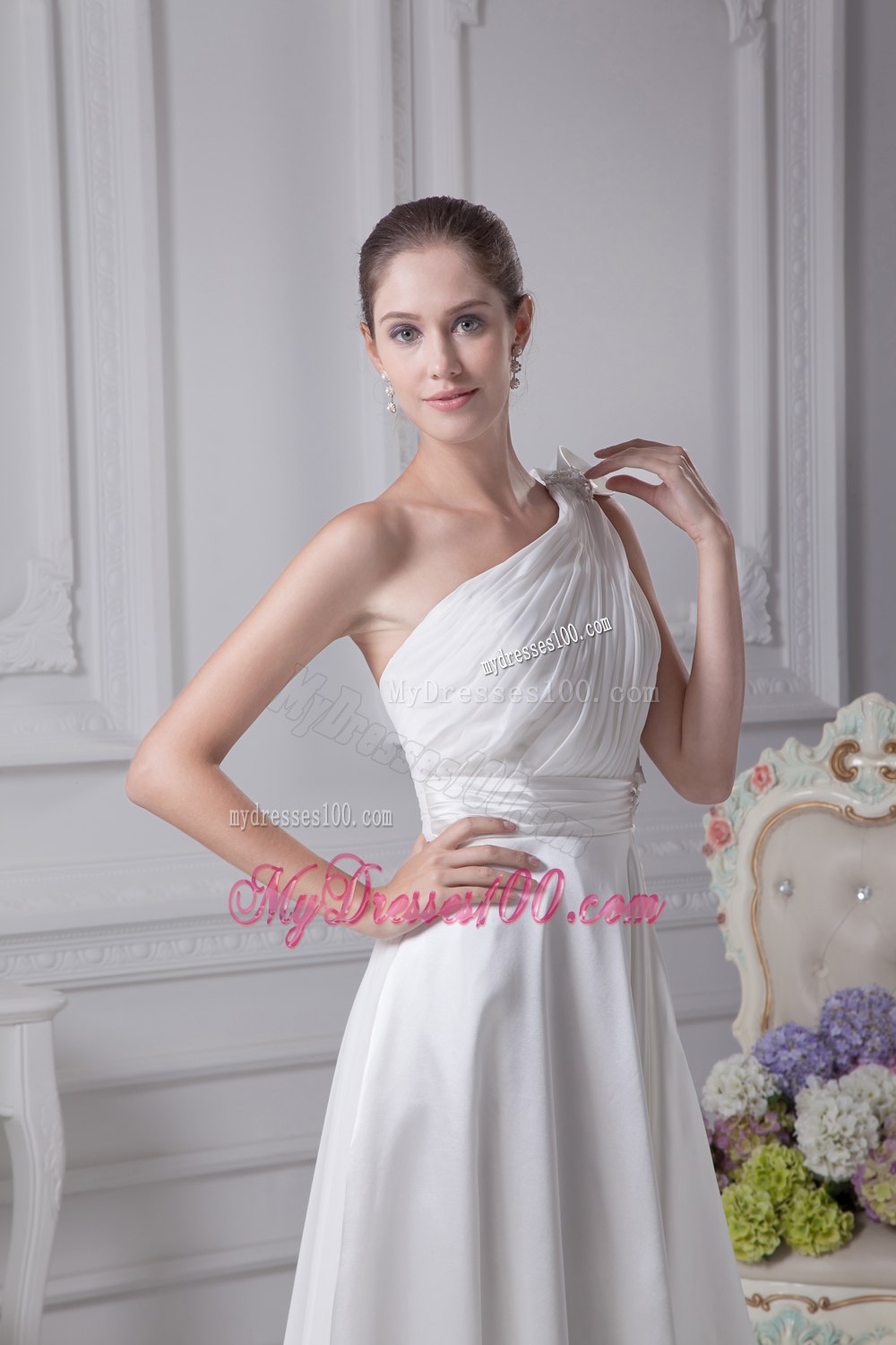 Empire One Shoulder Ruching Beading Wedding Dress