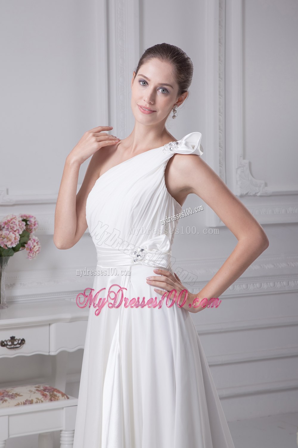 Empire One Shoulder Ruching Beading Wedding Dress