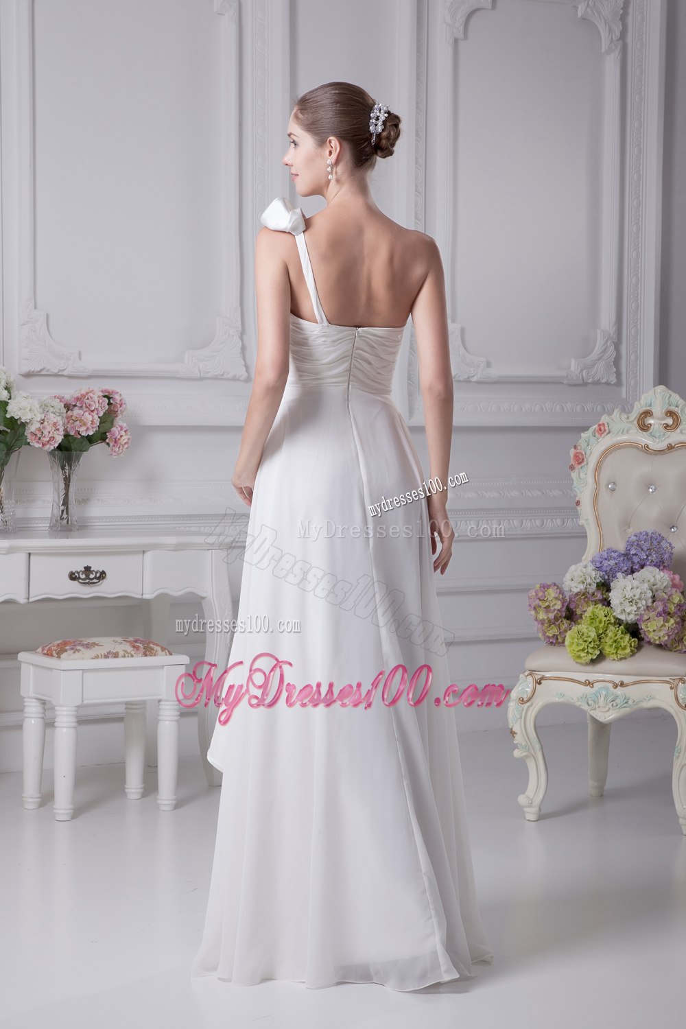 Empire One Shoulder Ruching Beading Wedding Dress