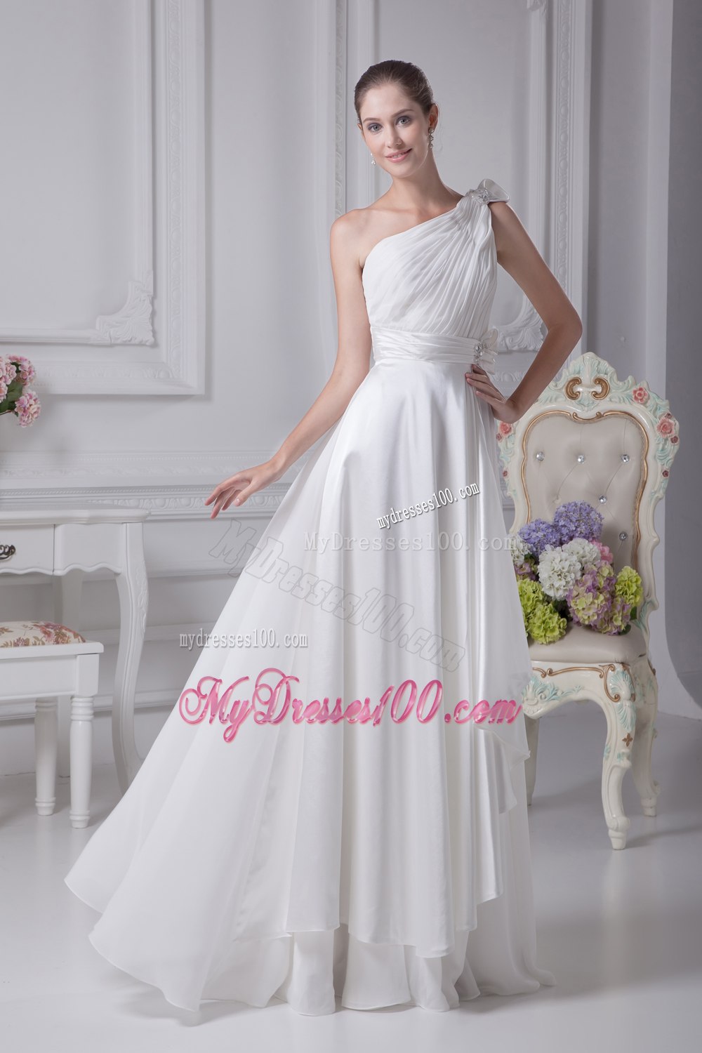 Empire One Shoulder Ruching Beading Wedding Dress