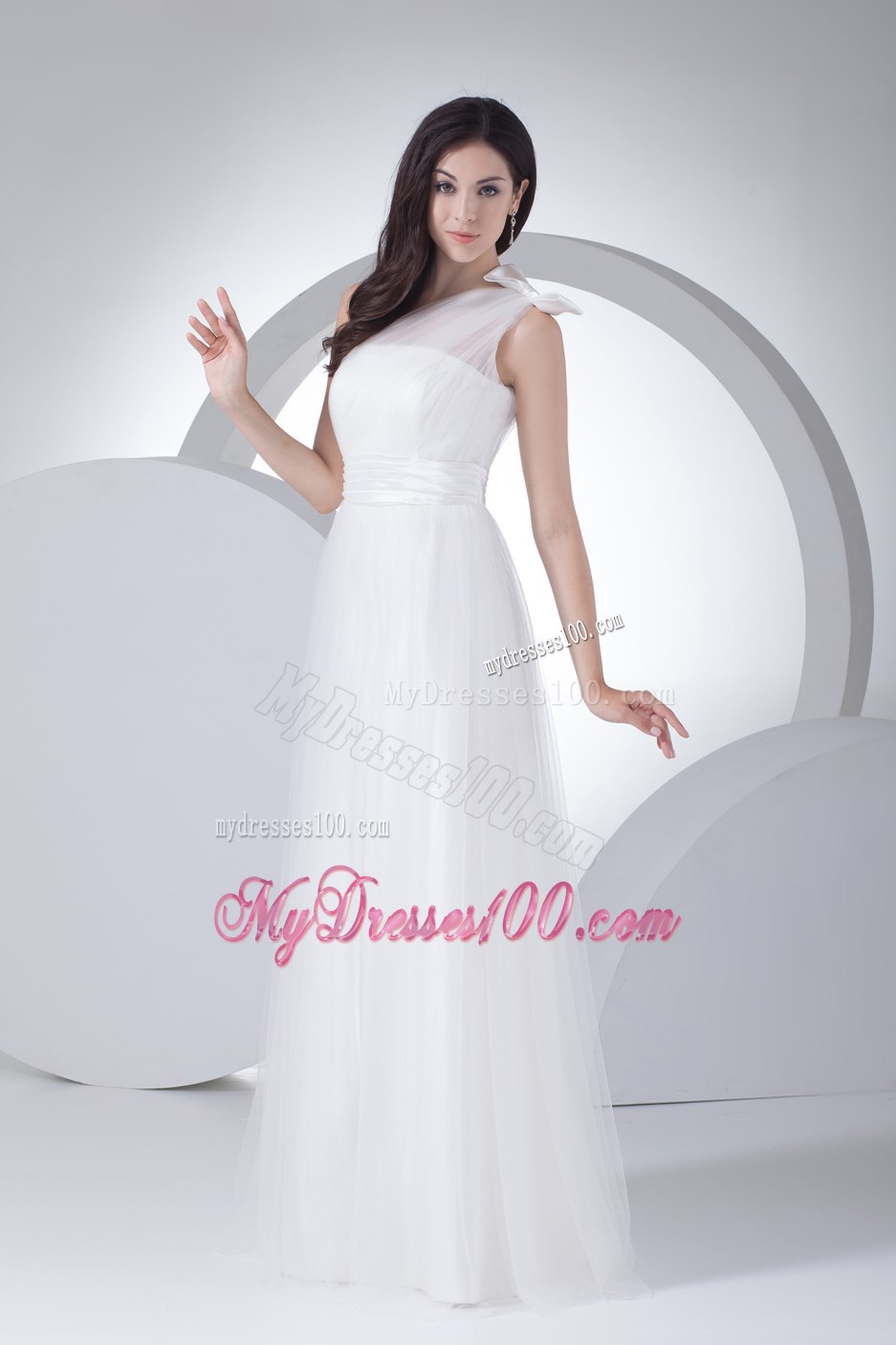 Empire One Shoulder Ruching Bow Wedding Dress