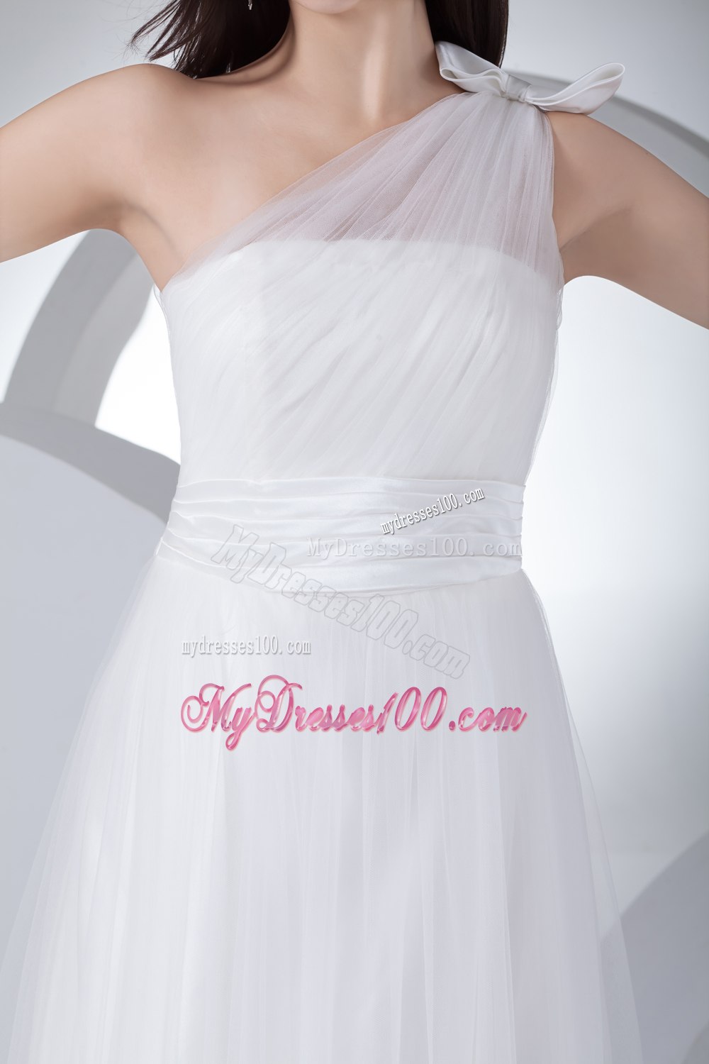Empire One Shoulder Ruching Bow Wedding Dress