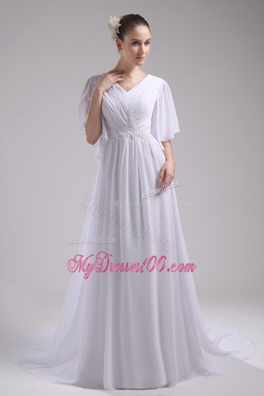 Empire V-neck Ruching Half Sleeves Cheap Wedding Dress