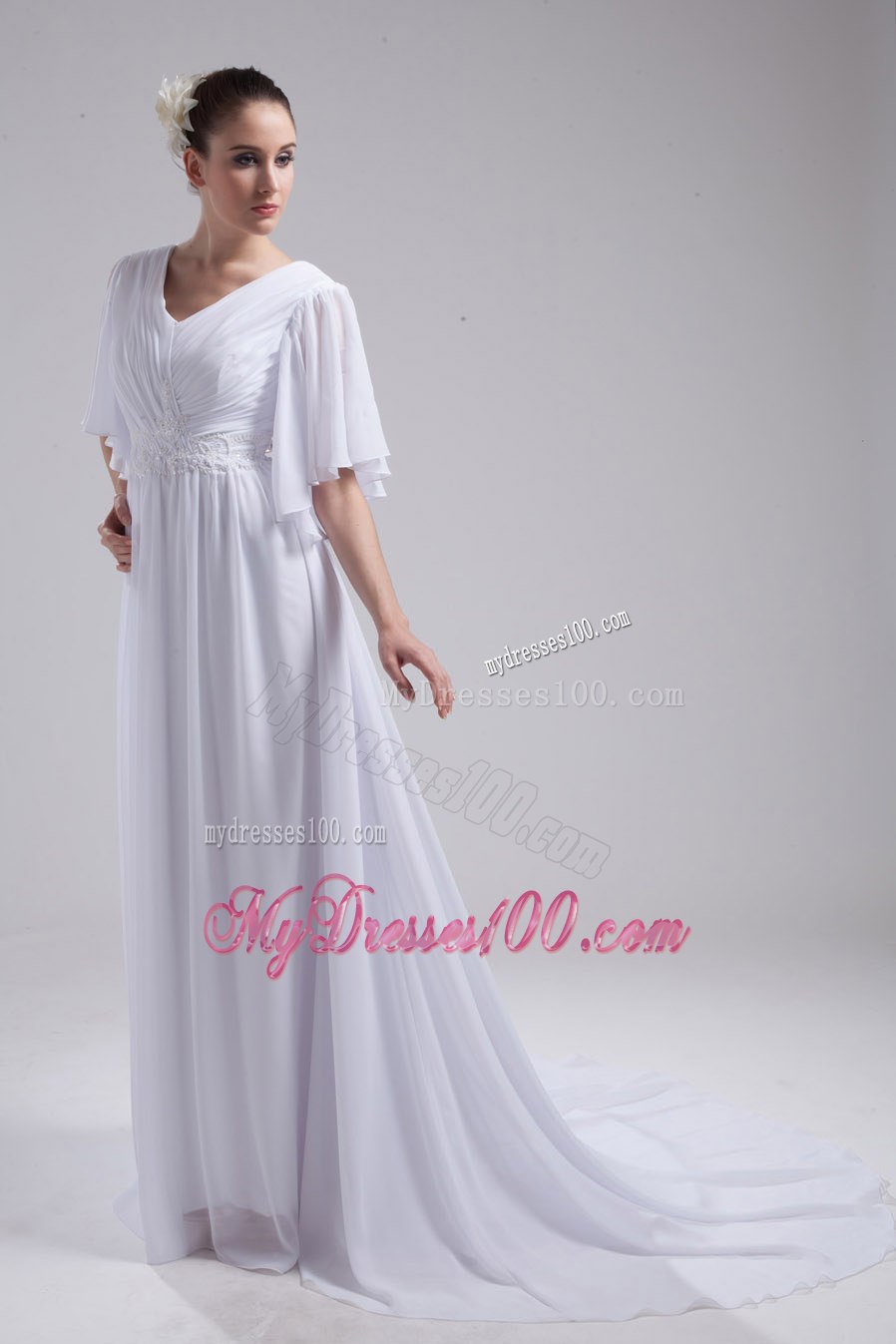 Empire V-neck Ruching Half Sleeves Cheap Wedding Dress