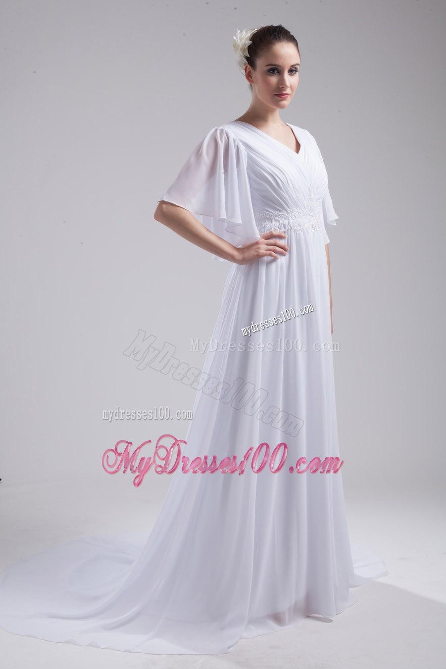 Empire V-neck Ruching Half Sleeves Cheap Wedding Dress