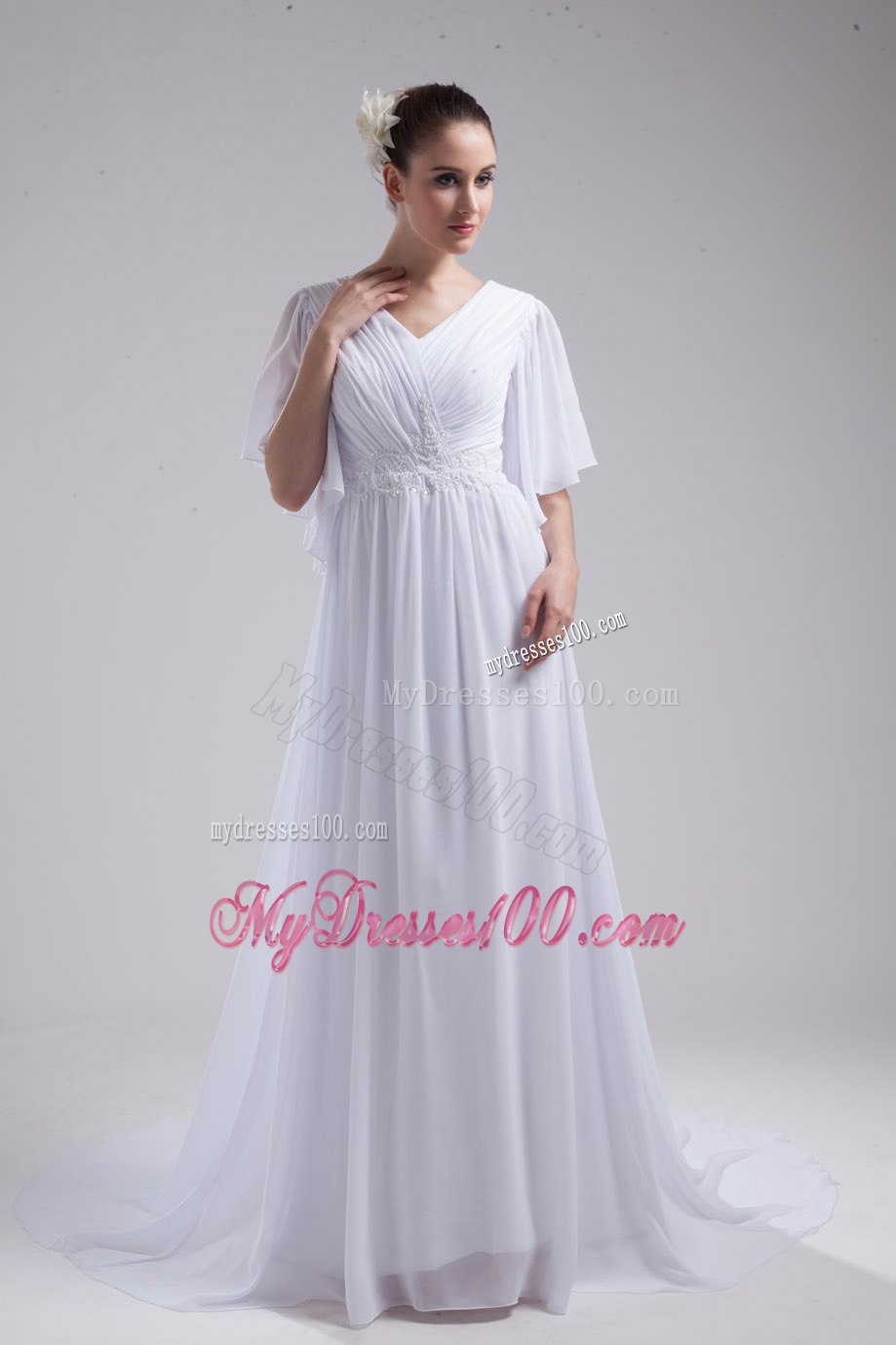 Empire V-neck Ruching Half Sleeves Cheap Wedding Dress