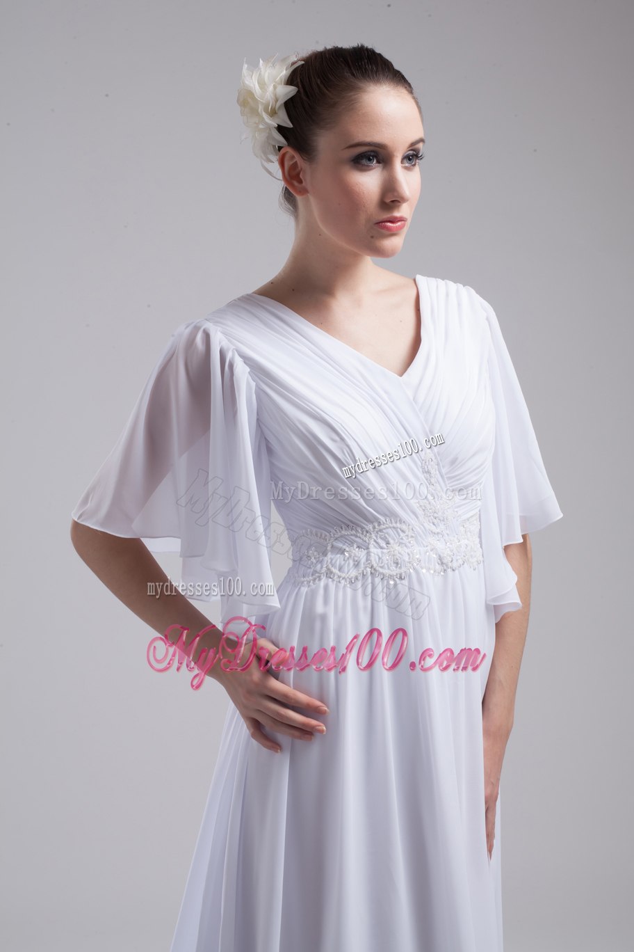 Empire V-neck Ruching Half Sleeves Cheap Wedding Dress
