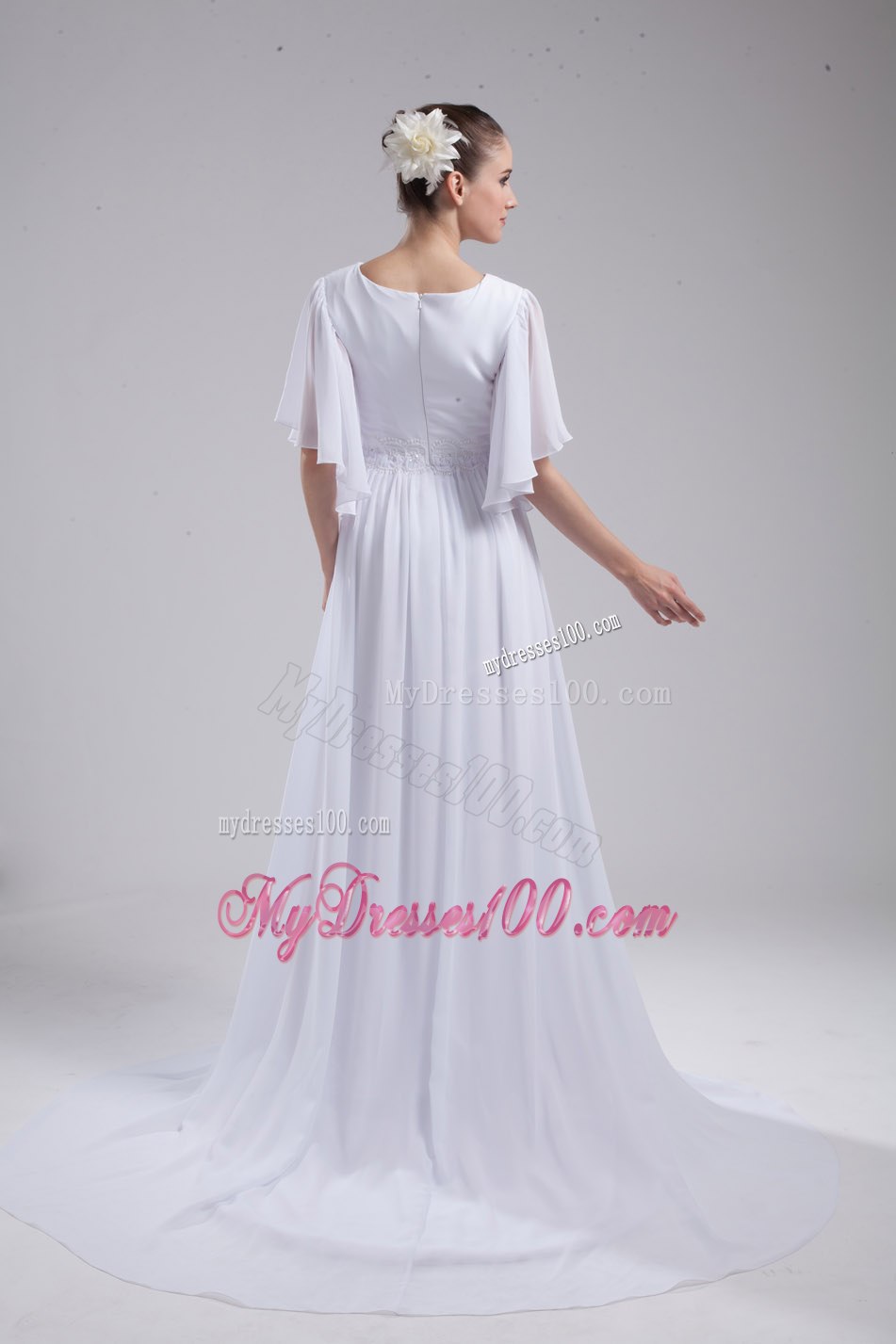 Empire V-neck Ruching Half Sleeves Cheap Wedding Dress