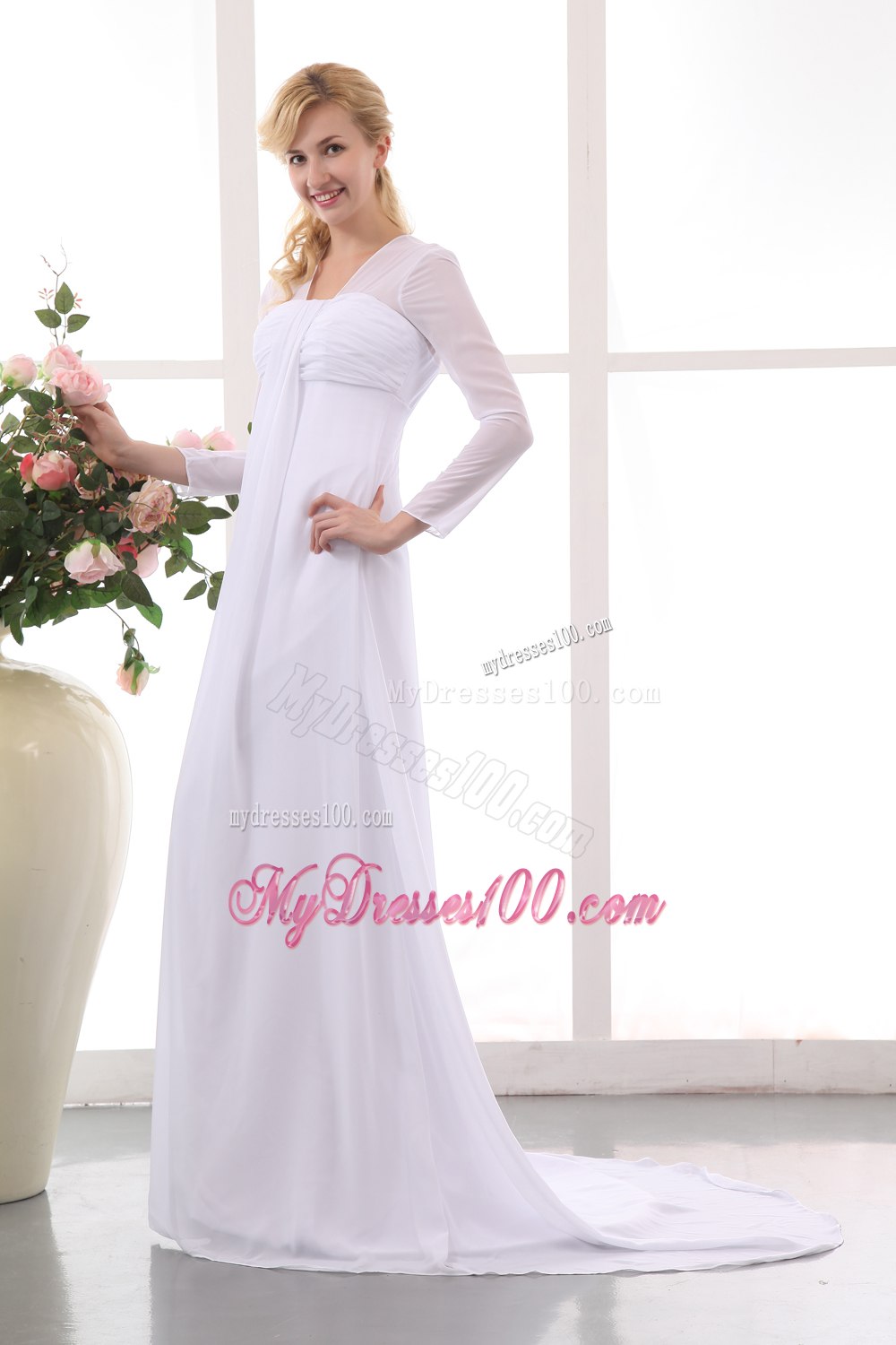 Formal Empire Square Court Train Ruching Long Sleeves Maternity Dress
