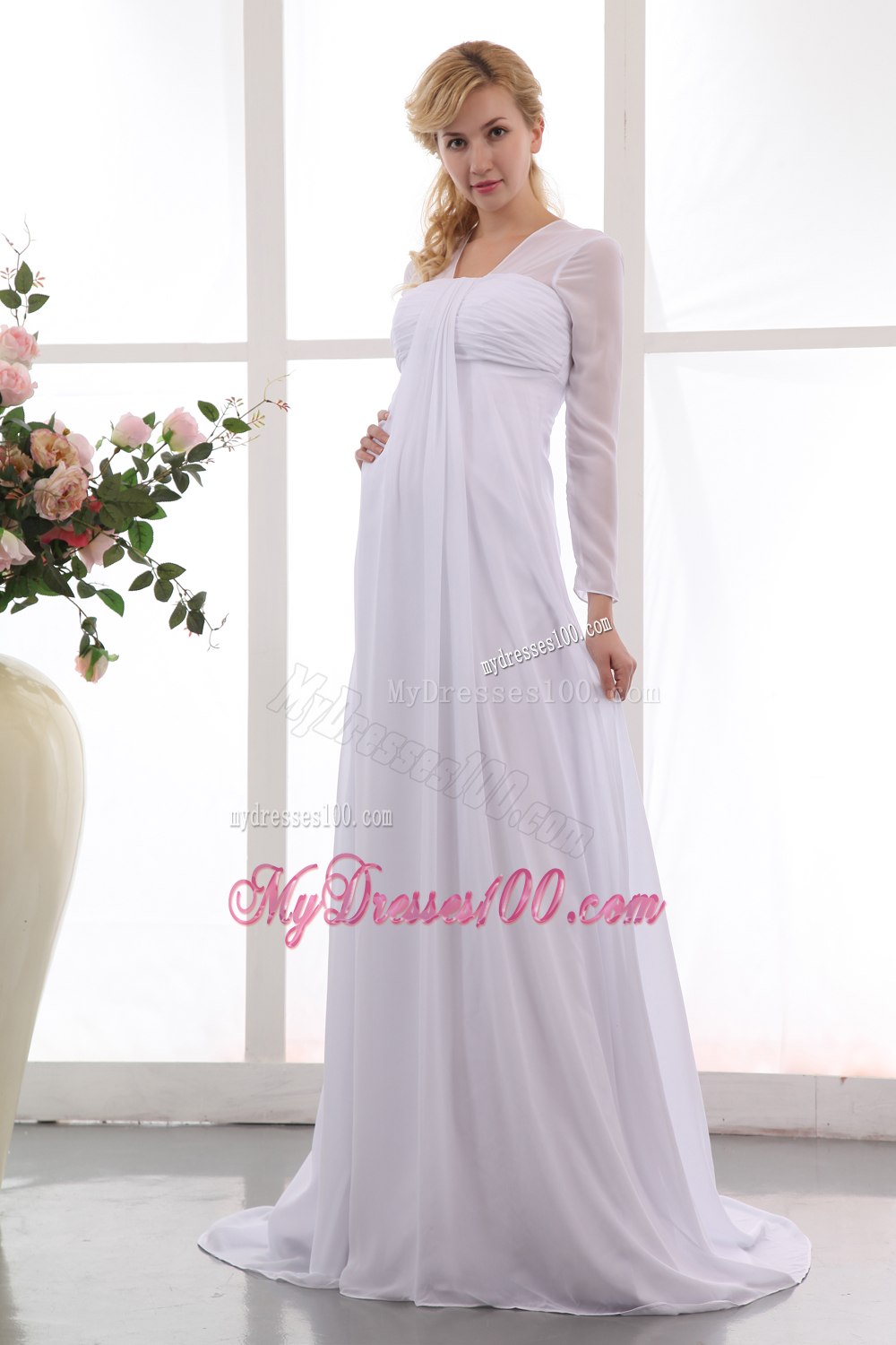 Formal Empire Square Court Train Ruching Long Sleeves Maternity Dress