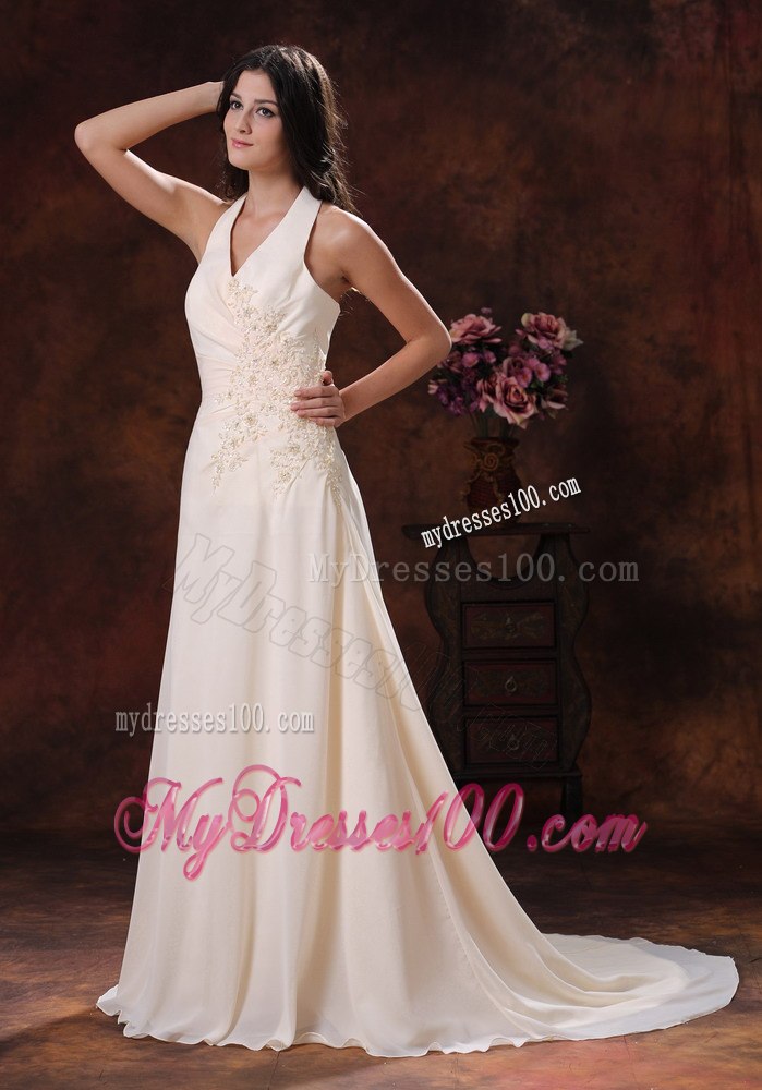 Halter Champagne Appliques Decorate Wedding Dress With Brush Train