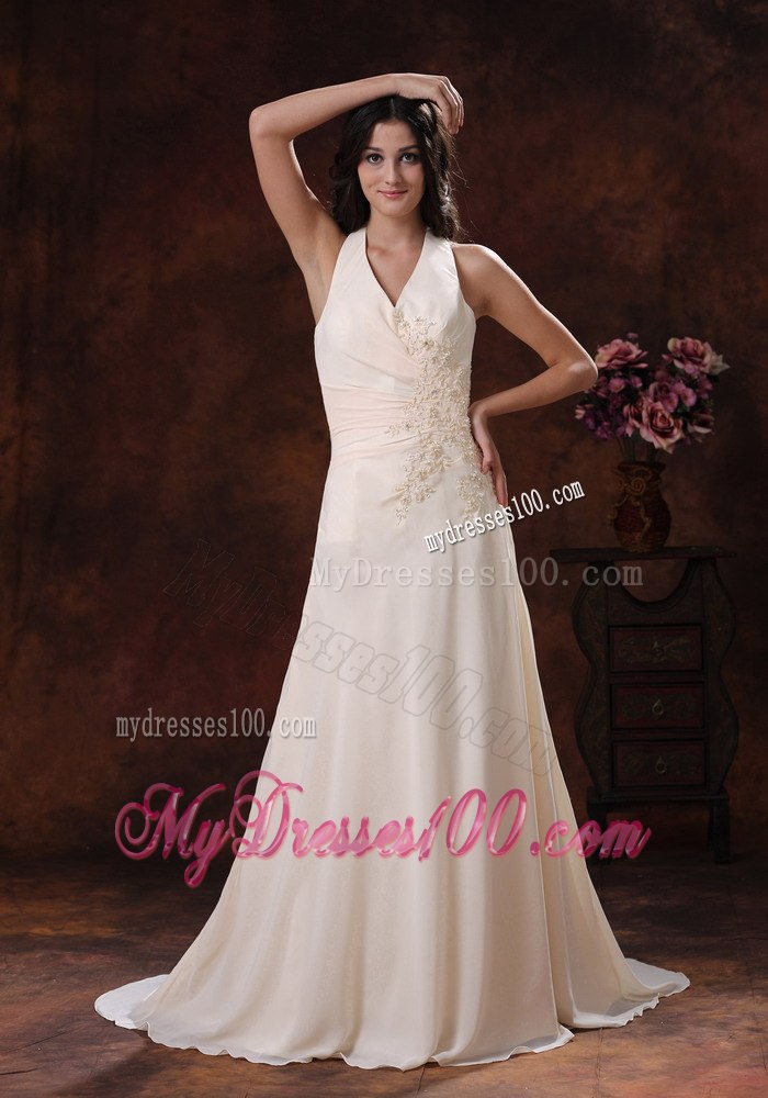 Halter Champagne Appliques Decorate Wedding Dress With Brush Train