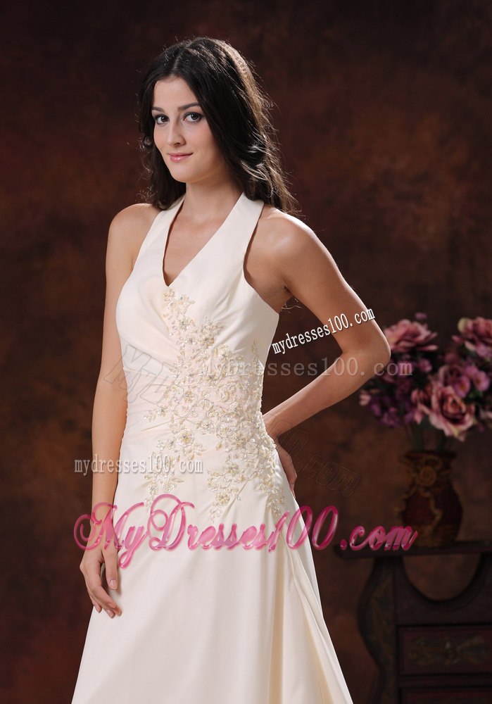 Halter Champagne Appliques Decorate Wedding Dress With Brush Train