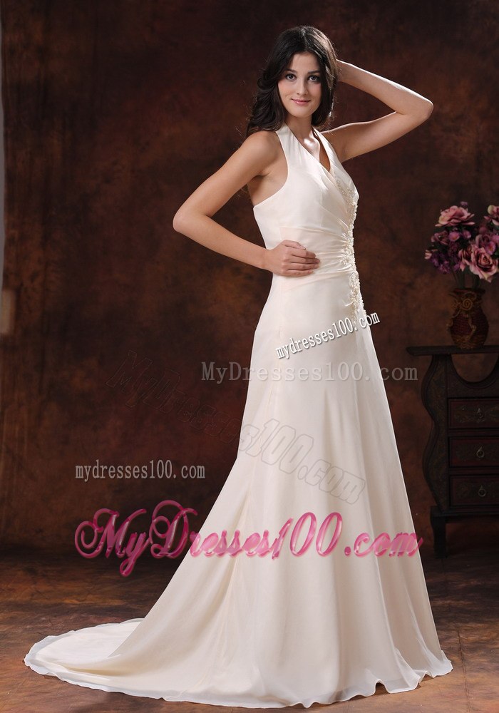 Halter Champagne Appliques Decorate Wedding Dress With Brush Train