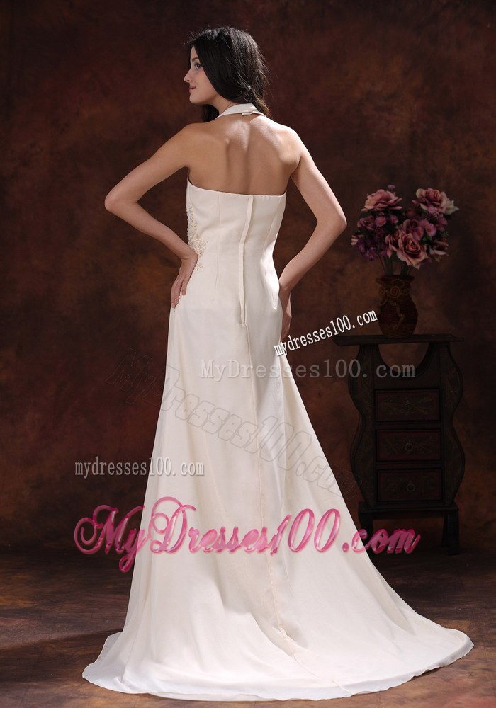 Halter Champagne Appliques Decorate Wedding Dress With Brush Train