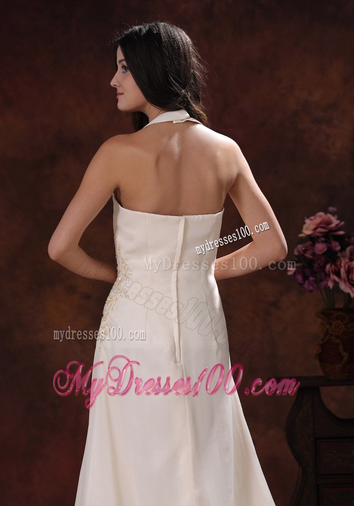 Halter Champagne Appliques Decorate Wedding Dress With Brush Train